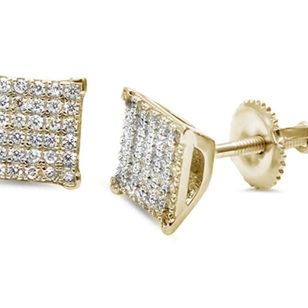 Sterling Silver 925 YG Plated Square CZ Micro Pave Hip Hop Earrings 9mm